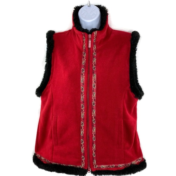 Carolyn Taylor Jackets & Blazers - Carolyn Taylor Red Christmas Zip Fleece Vest with Black Faux Trim Large